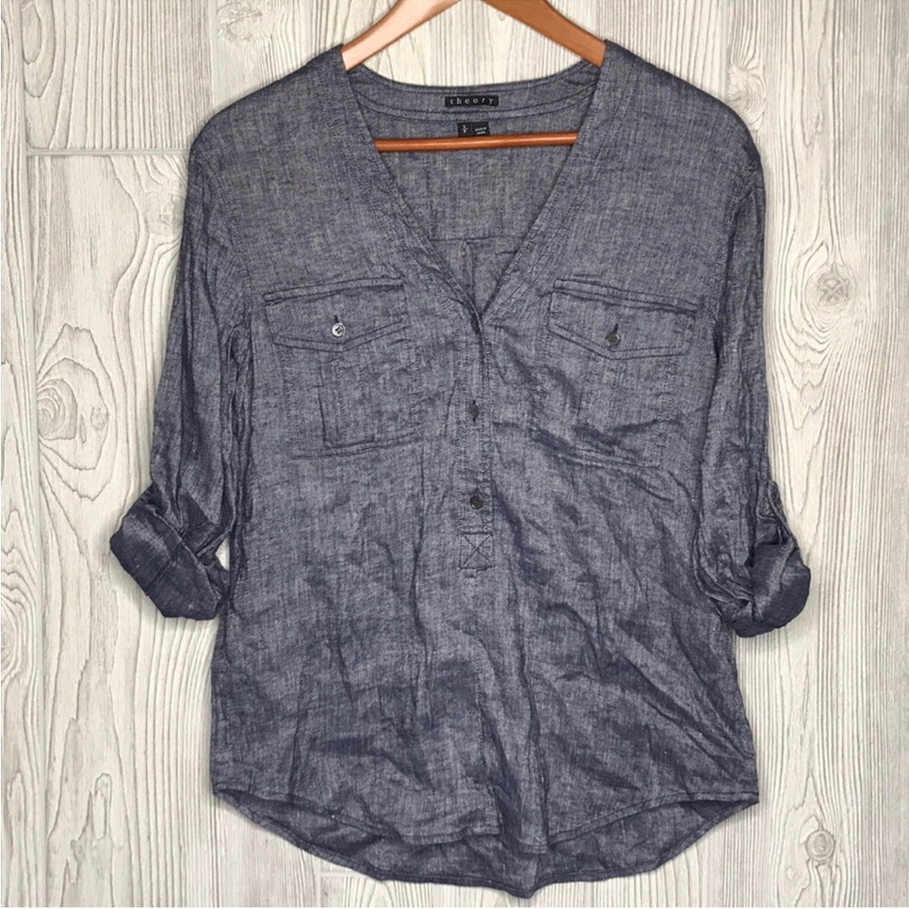 Theory Trisalta Linen Blend Button-Up Shirt Sz S